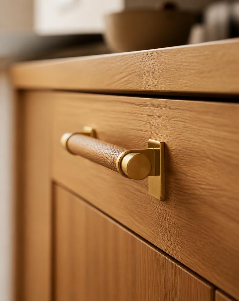 Close up of a bespoke oak cabinet handle with brass fittings