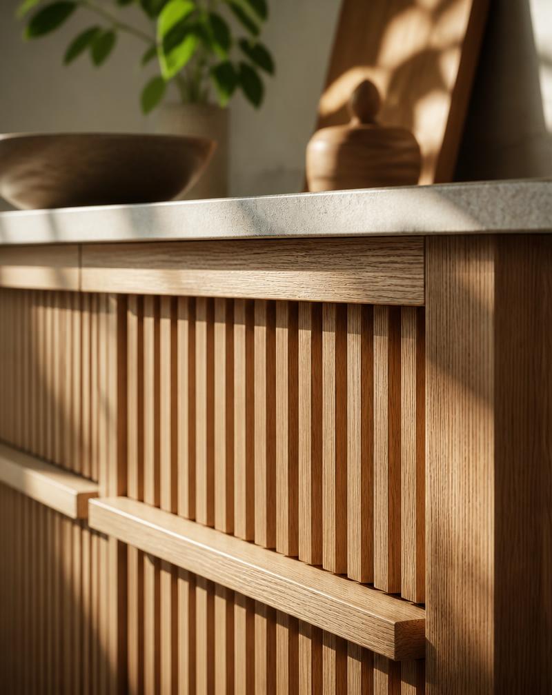 Bespoke fluted oak cabinetry in a warm timber kitchen