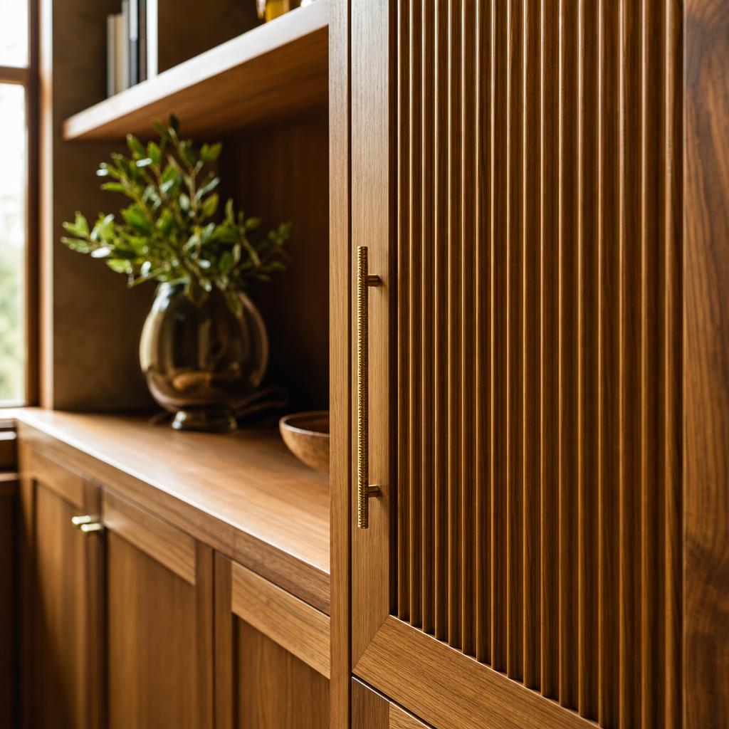 Warm oak fluted joinery with brass handle in natural light